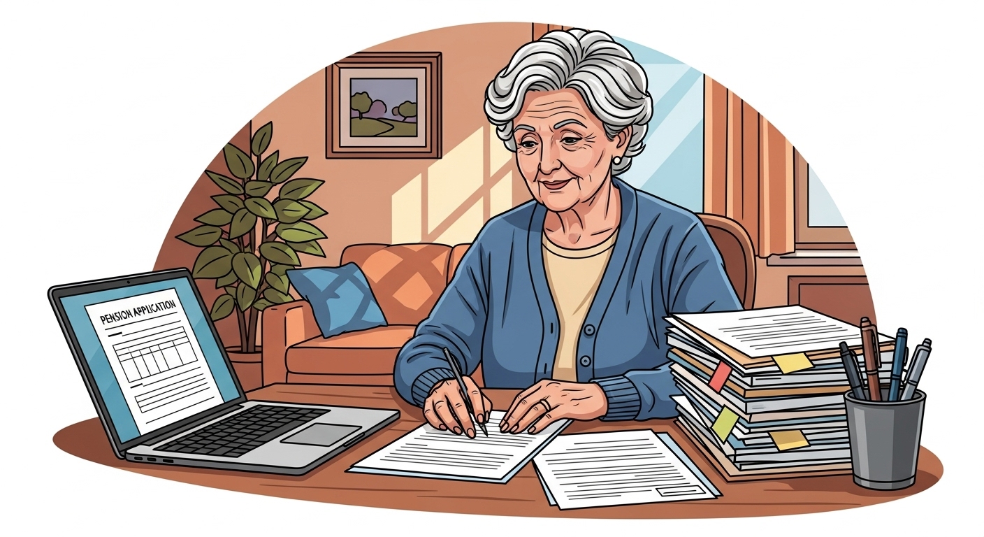 집에서 연금 신청 서류를 준비하는 노년 여성