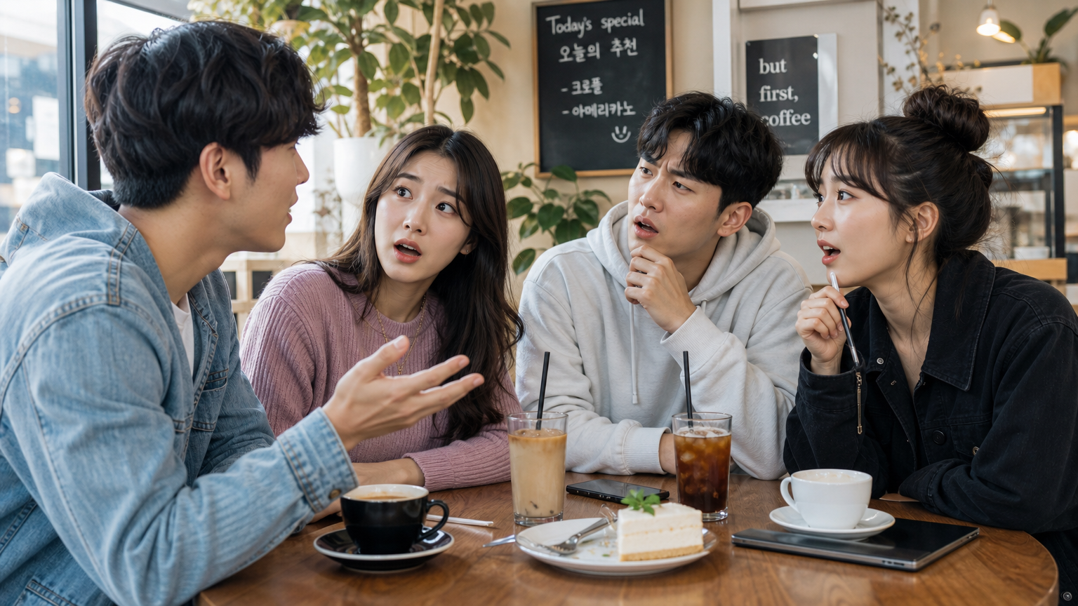 카페에서 다양한 표정으로 대화를 나누는 친구들