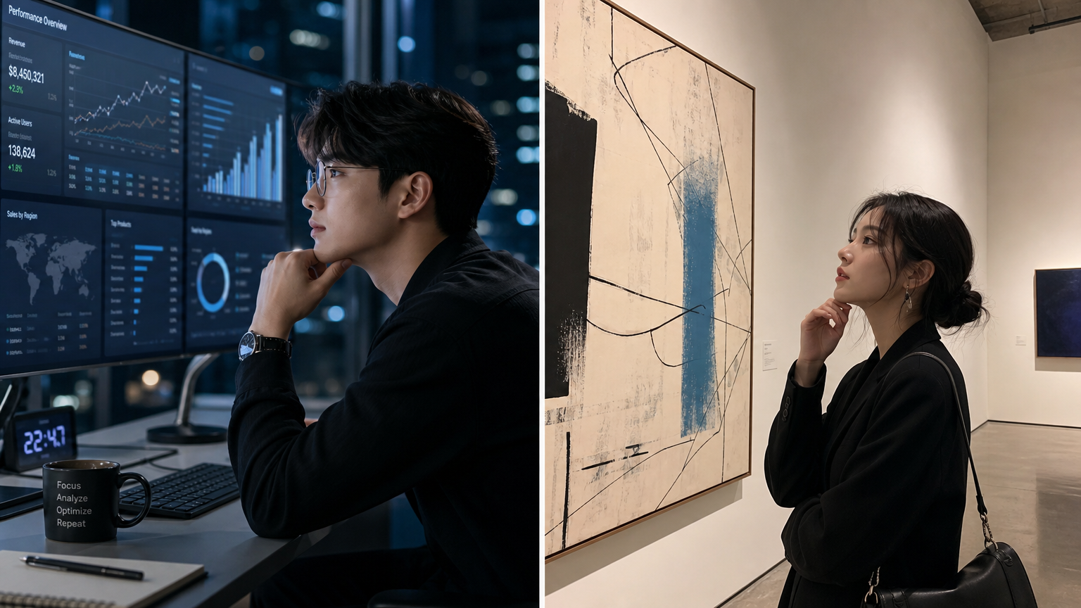 데이터 분석하는 사람과 추상 예술을 감상하는 사람의 대비