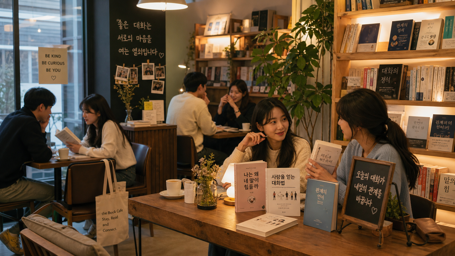 책 카페에서 성격 및 소통 관련 도서를 읽고 토론하는 모습