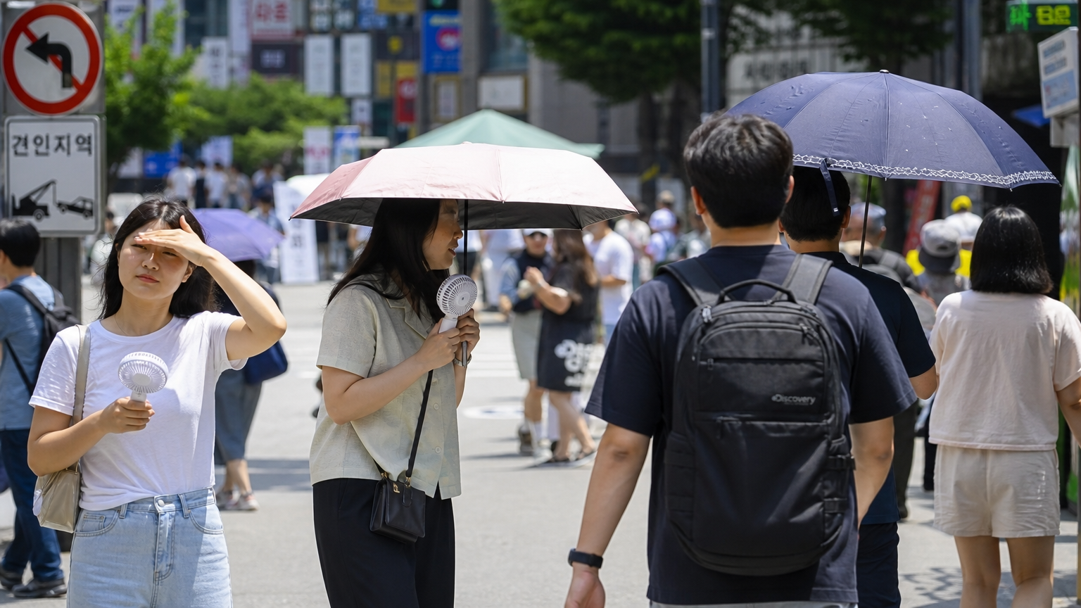 한여름 무더위 속에서 부채와 양산을 든 사람들이 있는 번화한 거리