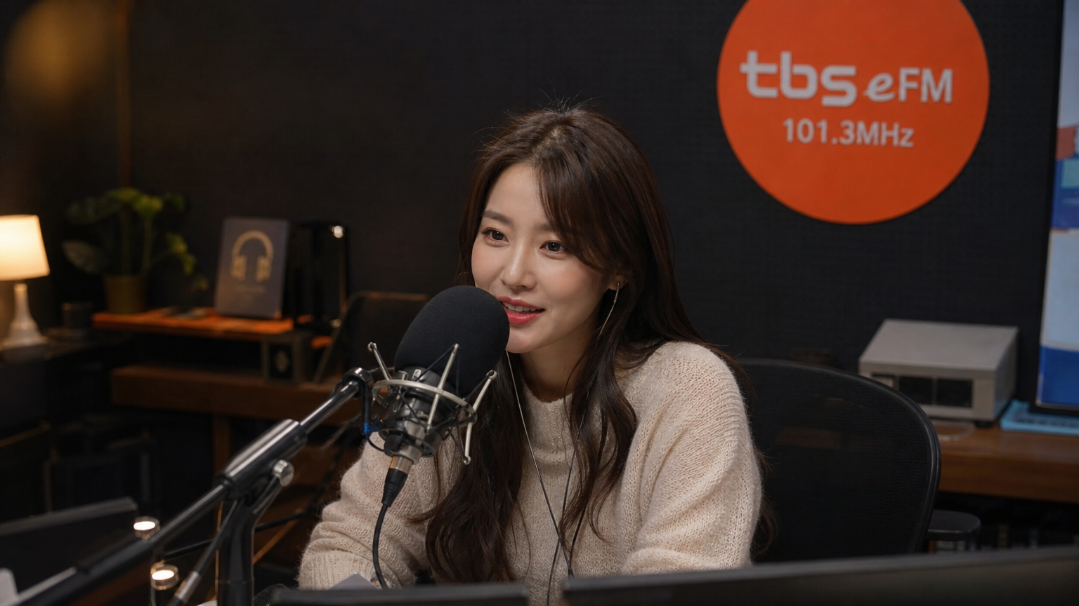 녹음실에서 마이크 앞에 서 있는 현대적이고 따뜻한 분위기의 여성 라디오 진행자