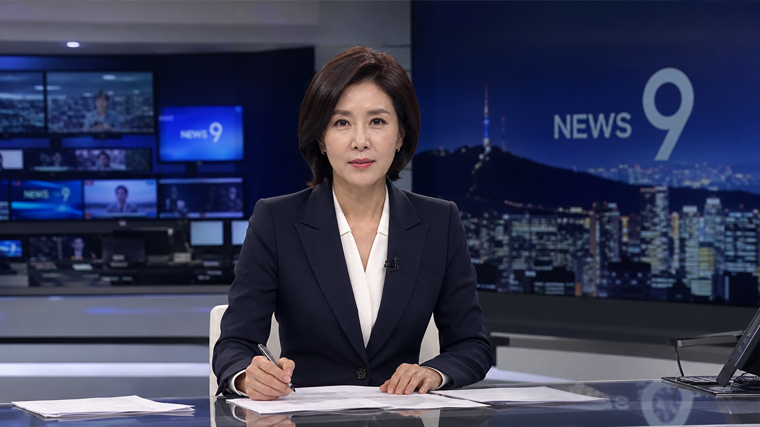 뉴스 스튜디오에서 전문성과 경험을 보여주는 자신감 있는 여성 앵커의 모습