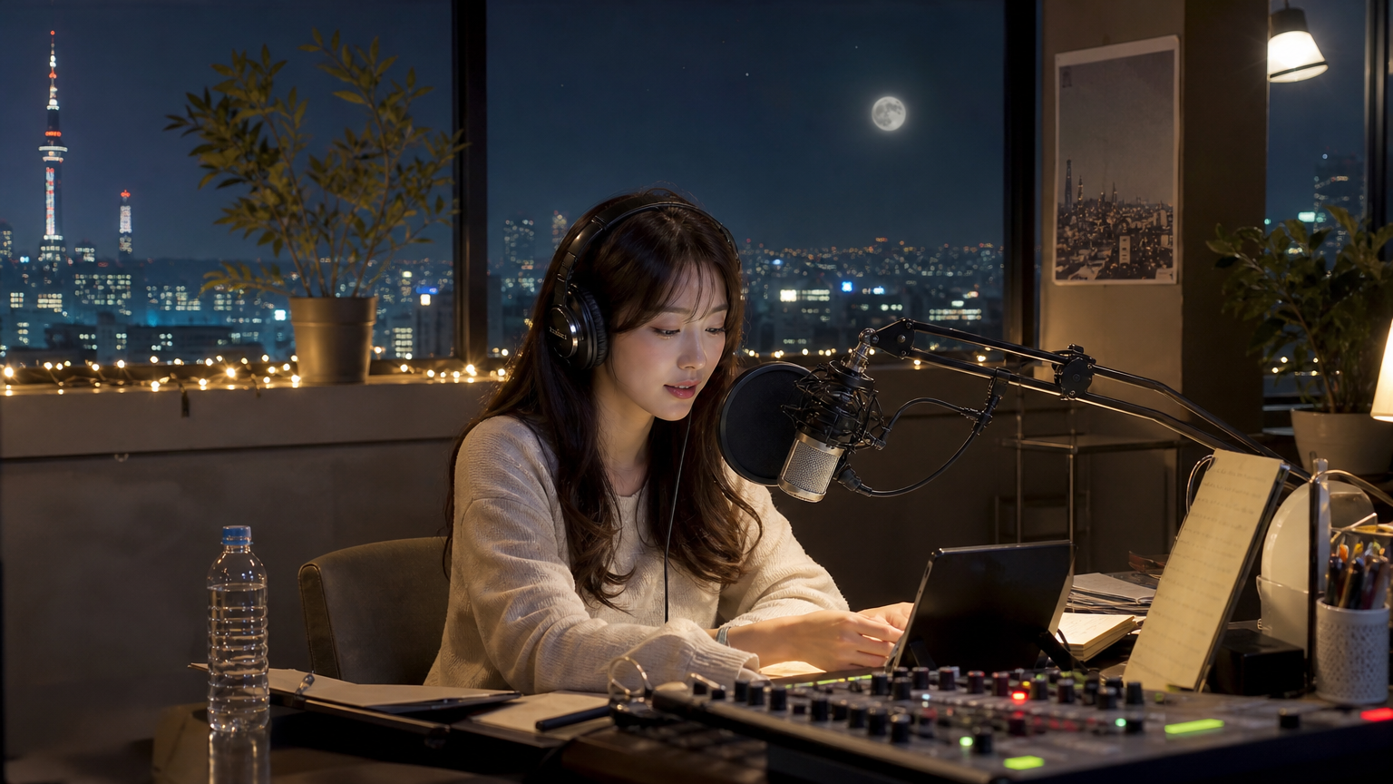 밤하늘 아래 옥탑방 스튜디오에서 심야 라디오를 진행하는 한국 여성 DJ의 평화로운 모습