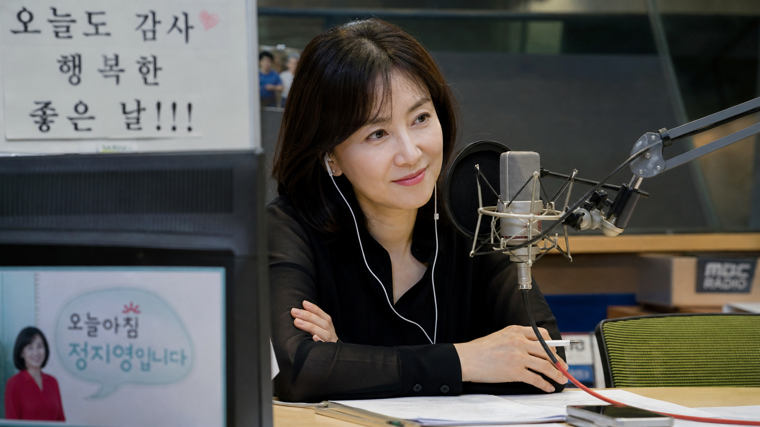 친밀한 스튜디오에서 생방송 중 청취자의 이야기를 경청하는 따뜻한 마음을 가진 한국인 라디오 호스트