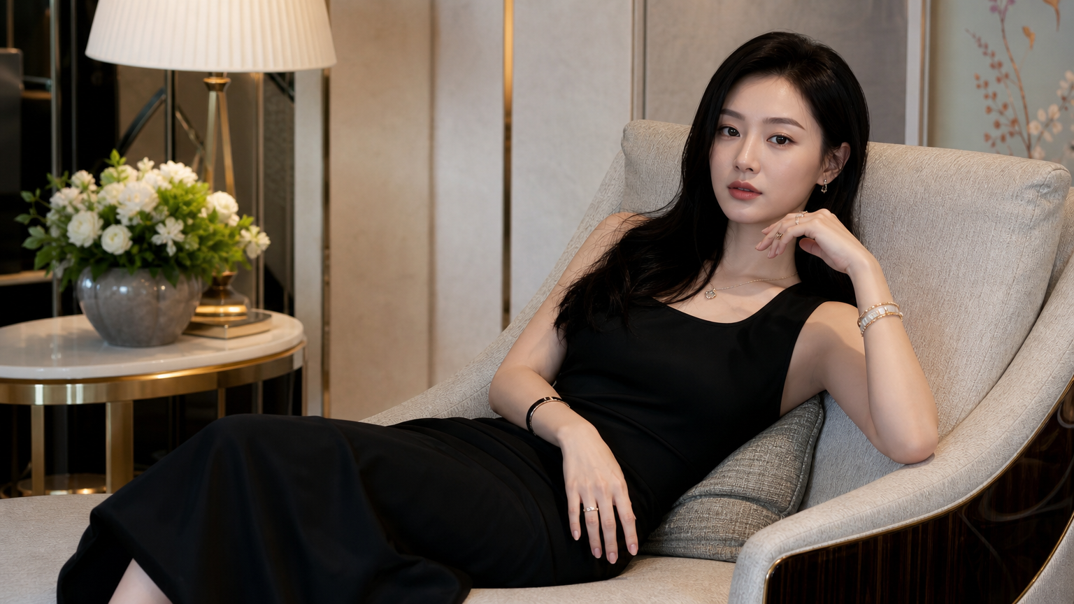 고급스러운 장소에서 세련된 패션을 입고 자신감 넘치는 모습을 보여주는 김지원