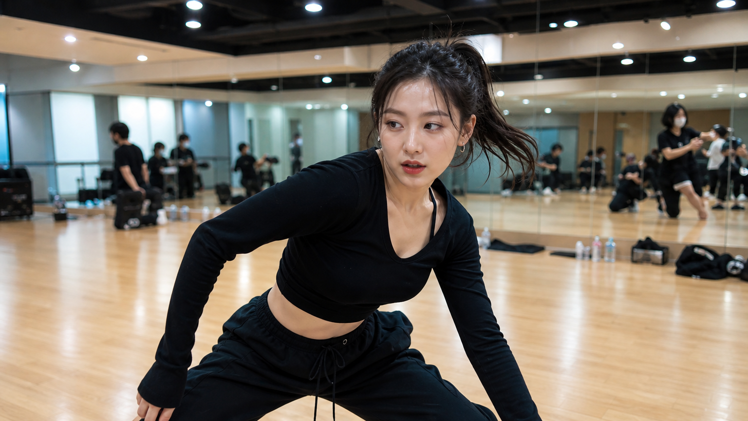 현대적인 피트니스 스튜디오에서 강렬한 댄스 운동을 하는 김지원