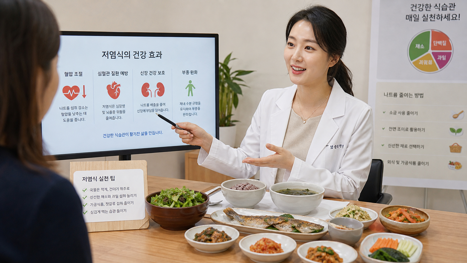 영양사가 저나트륨 식단의 이점을 설명하고 있는 장면과 건강한 한국 음식들이 차려진 테이블