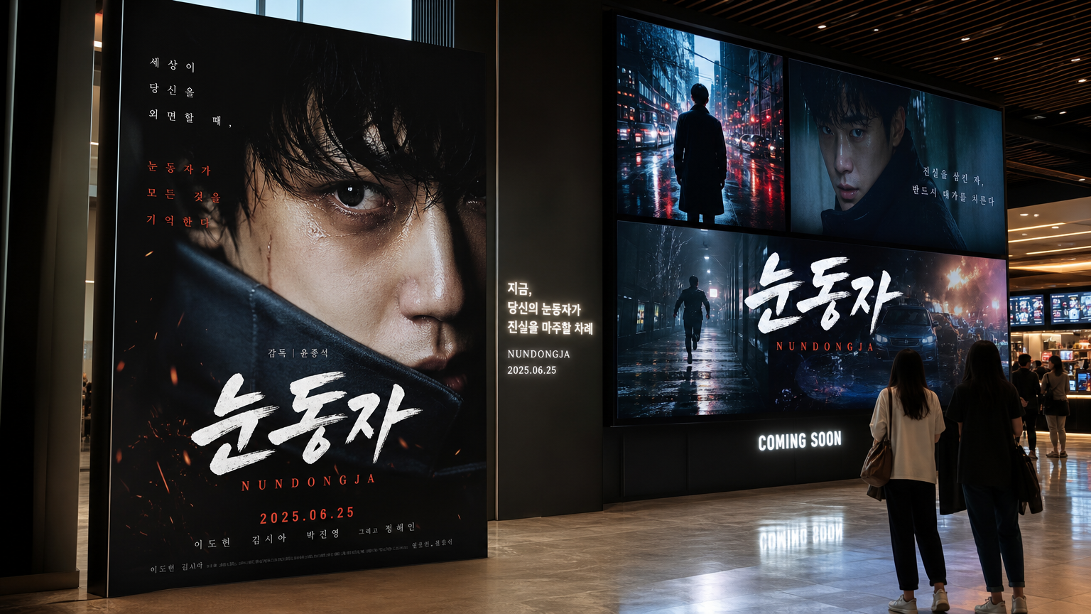 현대적인 극장 로비에서 디지털 스크린에 '눈동자' 포스터가 전시된 모습