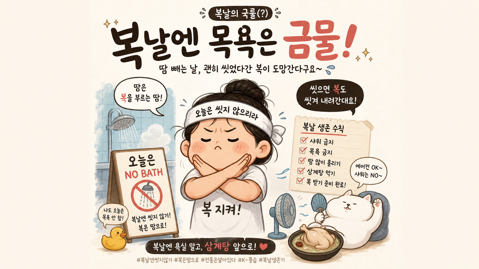 전통적인 믿음 때문에 복날에 목욕을 피하는 한국인의 유머러스한 묘사