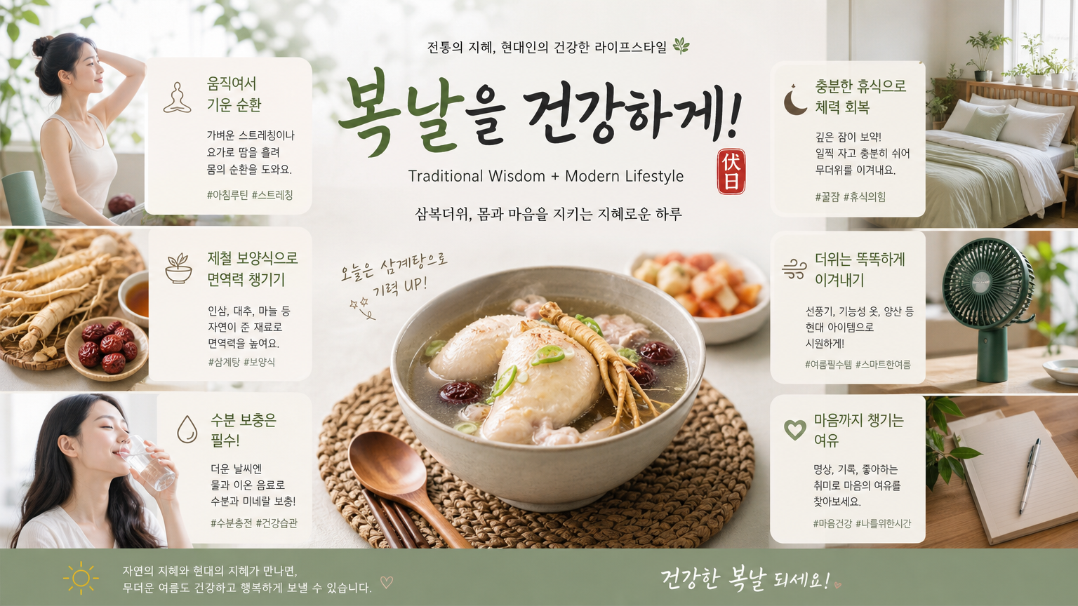 현대 한국인이 전통 지혜와 현대적 라이프스타일 팁을 결합하여 건강한 복날 보내기 방법 제안