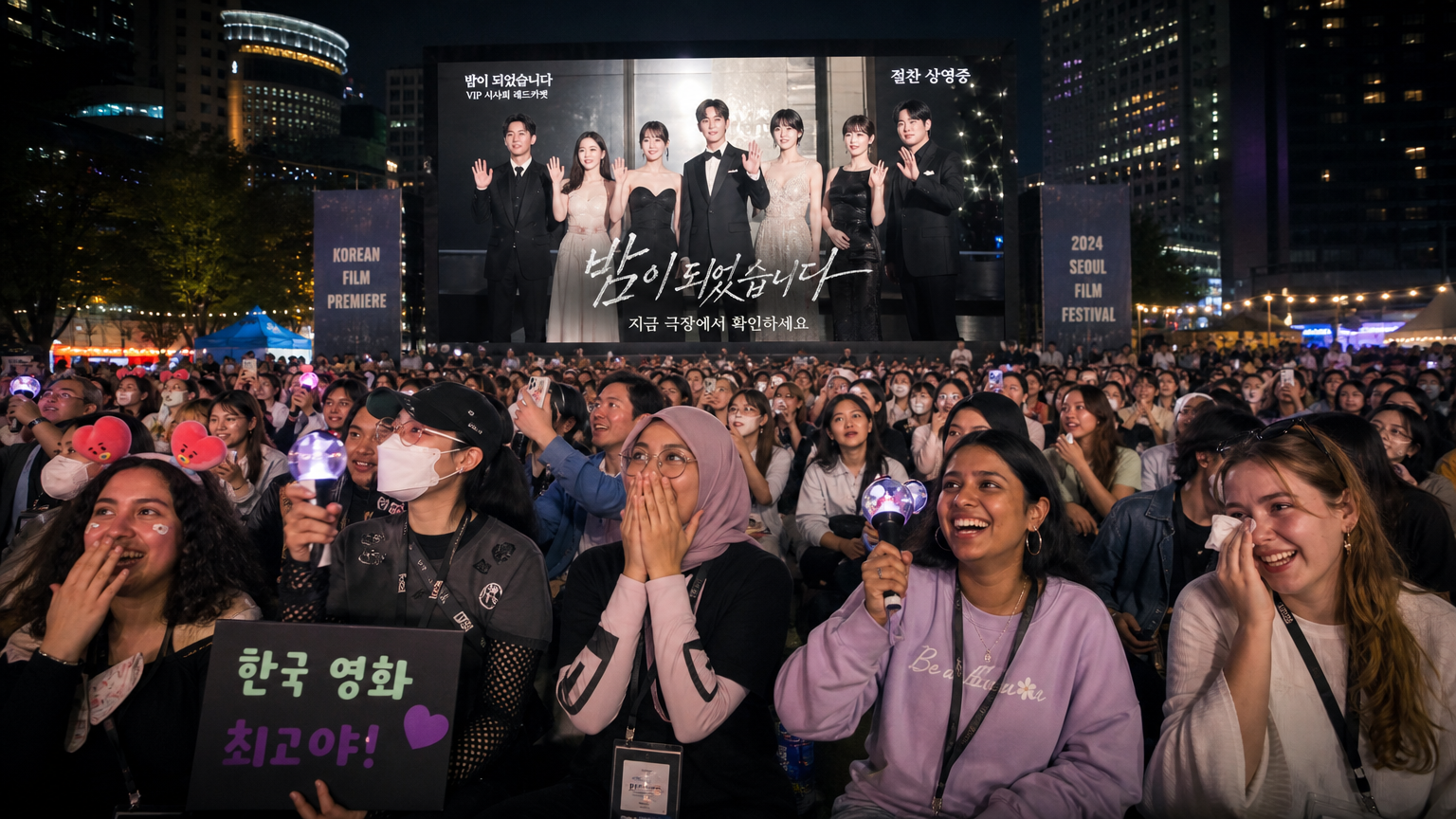 야외 상영회에서 한국 영화 프리미어를 보는 다양한 관객들