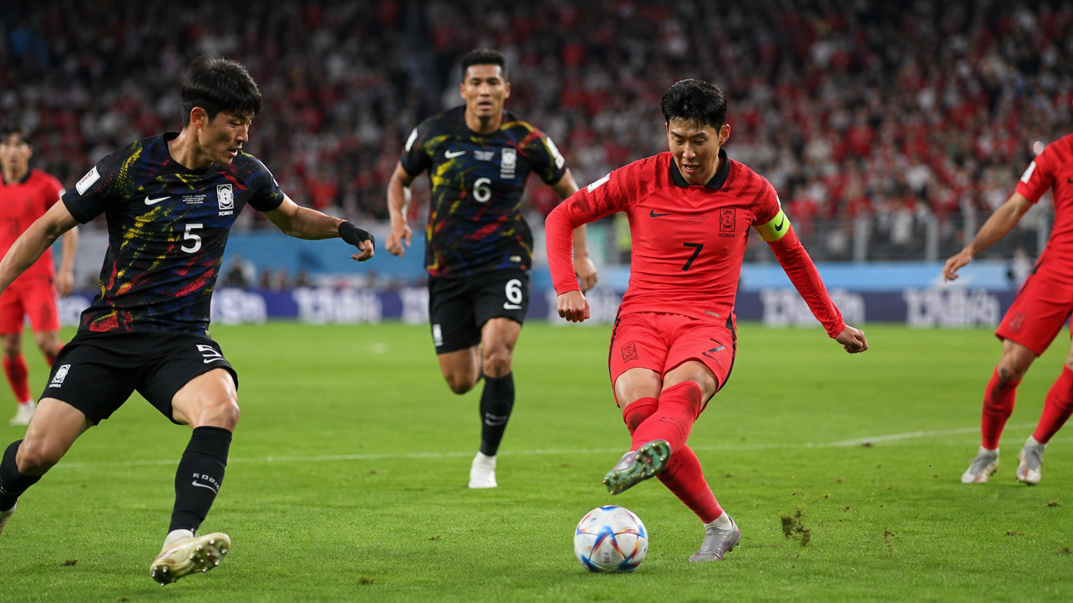골을 허용한 후 만회하기 위해 애쓰는 한국 축구 국가대표팀
