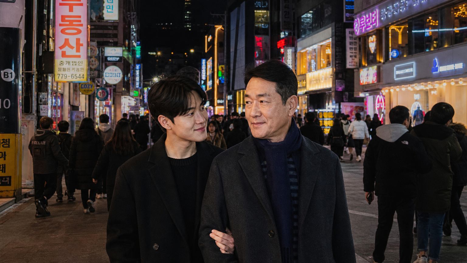 서울 밤거리를 걷는 연상연하 커플의 다정한 모습