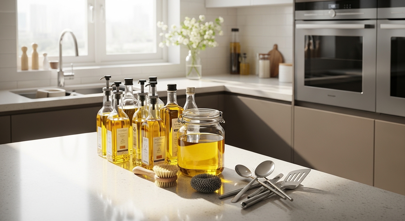 현대적인 주방에서 다양한 식용유가 놓여 있는 모습으로, 지속 가능한 실천을 보여주는 장면