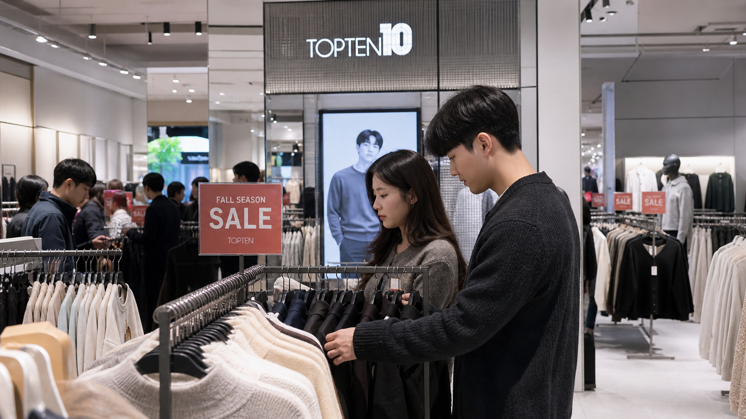 젊은 성인들이 현대적인 인테리어의 탑텐 매장에서 가을 세일 동안 의류를 둘러보는 장면