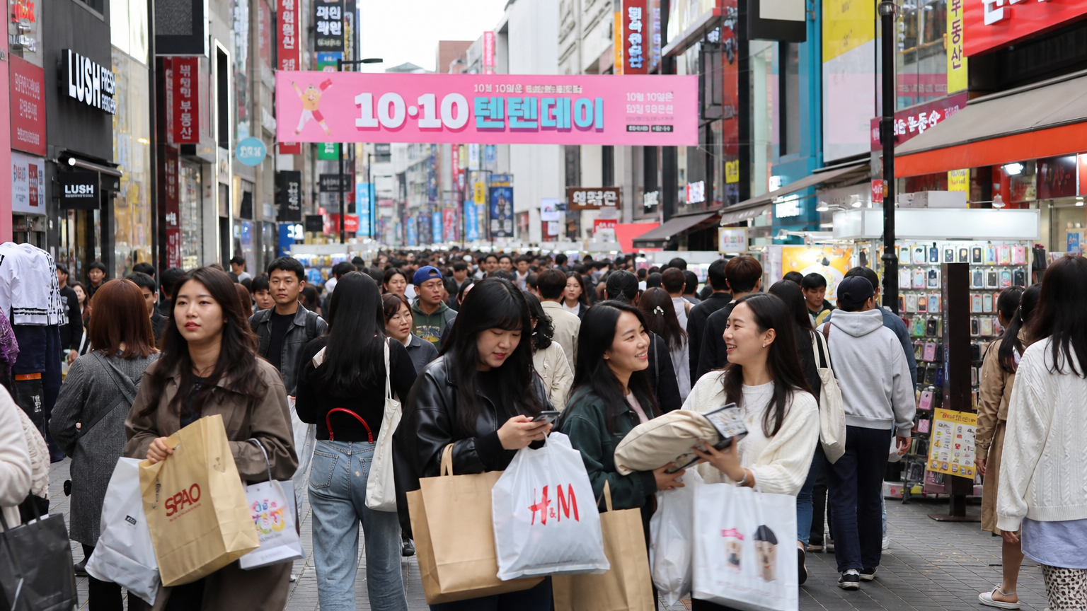 서울에서 열린 텐텐데이 행사 동안 붐비는 쇼핑 거리와 쇼핑백을 든 사람들의 활기찬 모습