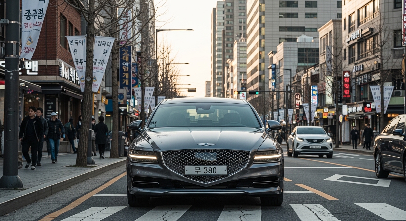 도시의 현대적이고 세련된 제네시스 G80 차량 모습