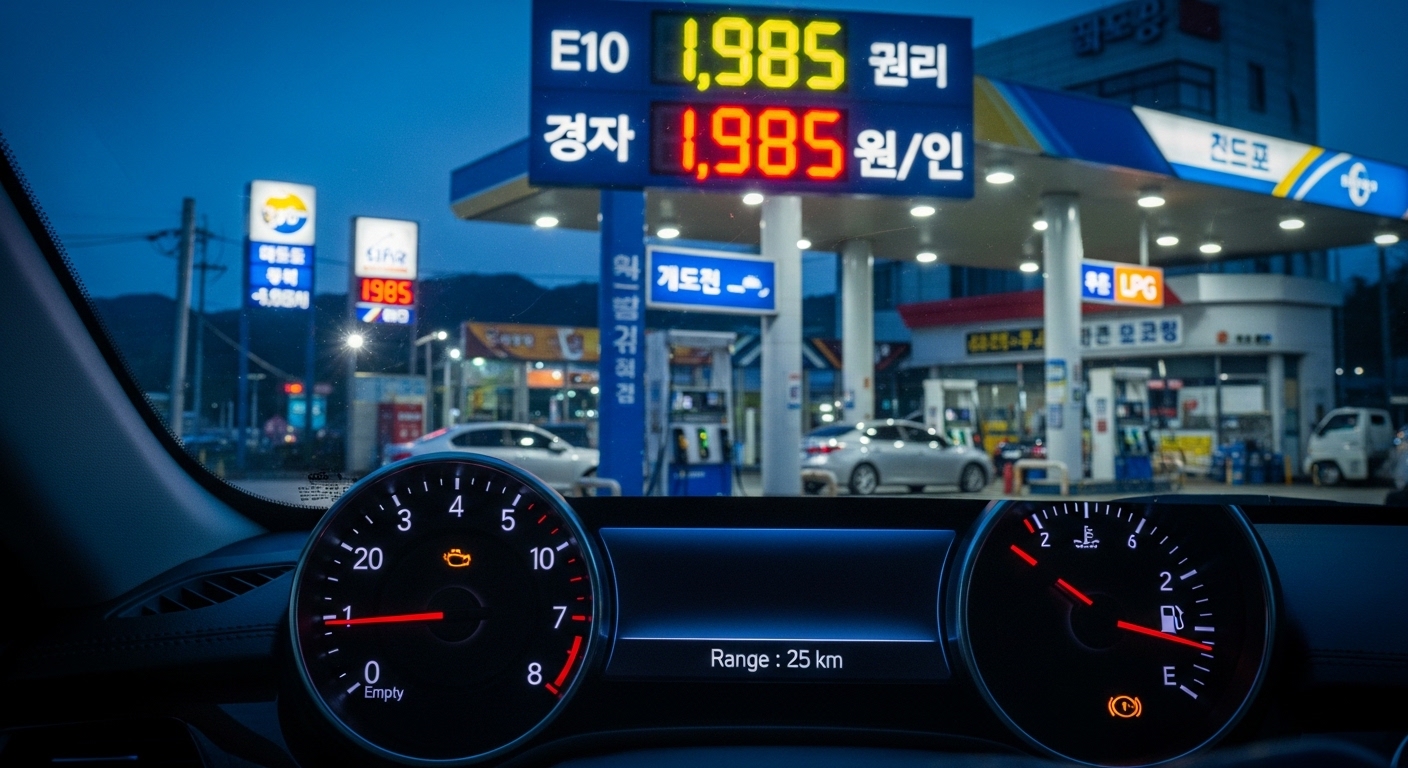 한국 주유소에서 기름값이 오르는 가운데 연료 게이지가 비어가는 모습