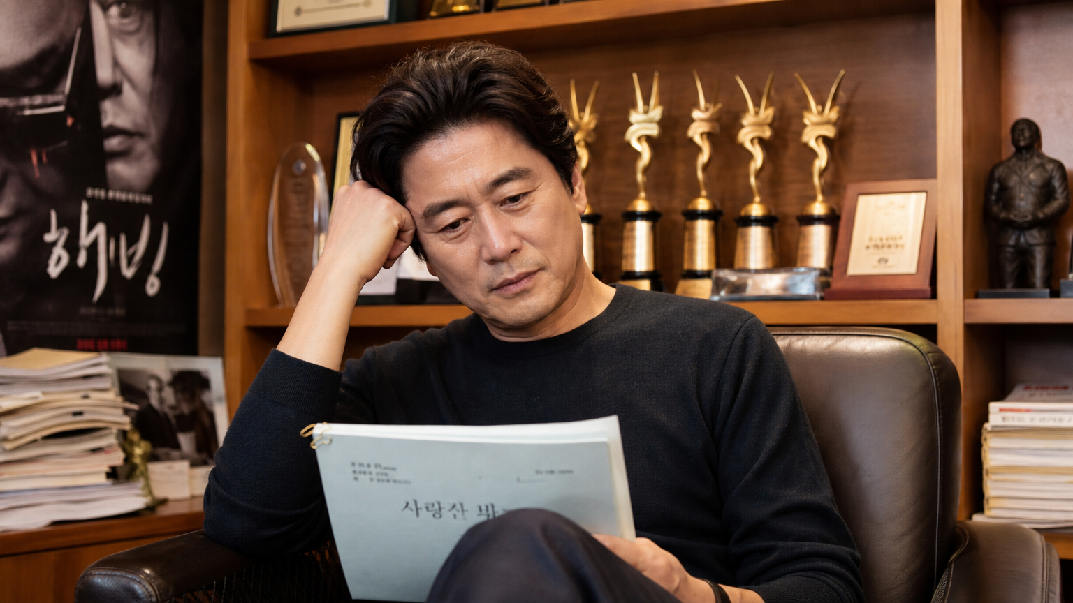 성숙한 외모를 가진 배우가 연기 관련 상과 대본에 둘러싸여 있는 모습