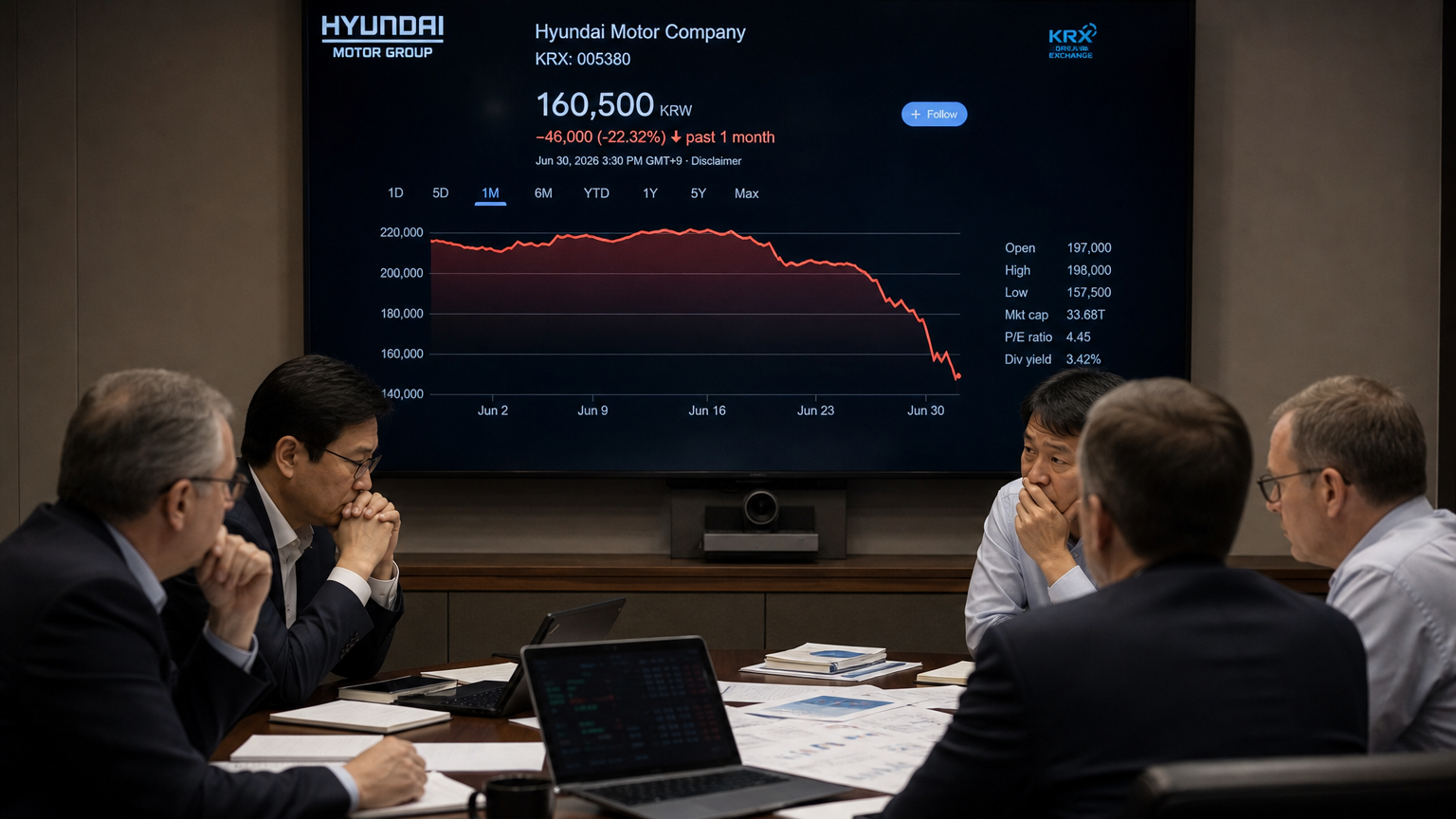 2026년 6월 현대차 주식의 급격한 하락을 보여주는 그래프와 토론 중인 투자자들