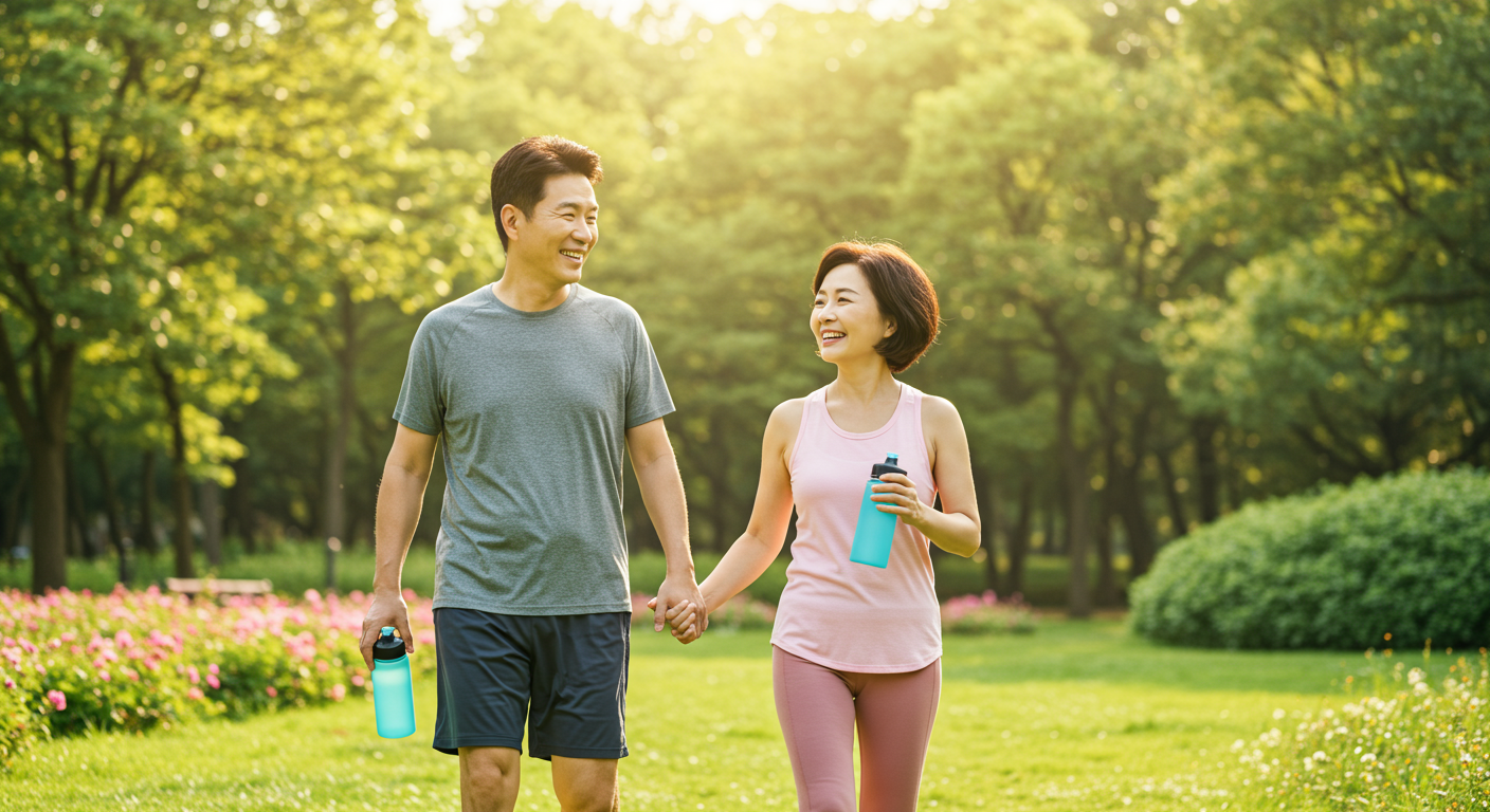 중장년 부부가 공원에서 산책하며 건강한 생활 습관을 실천하는 모습