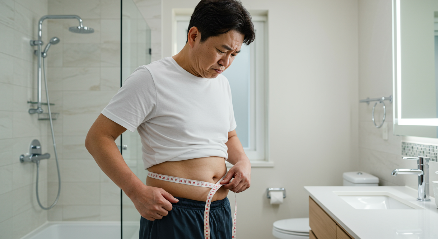 당뇨 관리를 위해 현대식 욕실에서 남성이 줄자로 허리둘레를 측정하는 장면