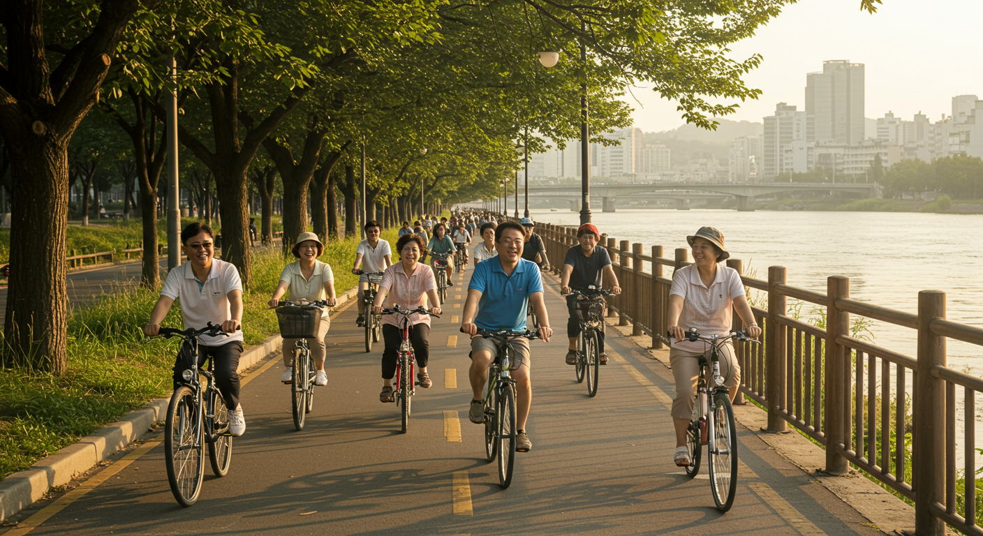 서울 강변 자전거 도로에서 여러 명의 중장년 한국인이 자전거를 타며 활기찬 분위기를 연출하는 모습