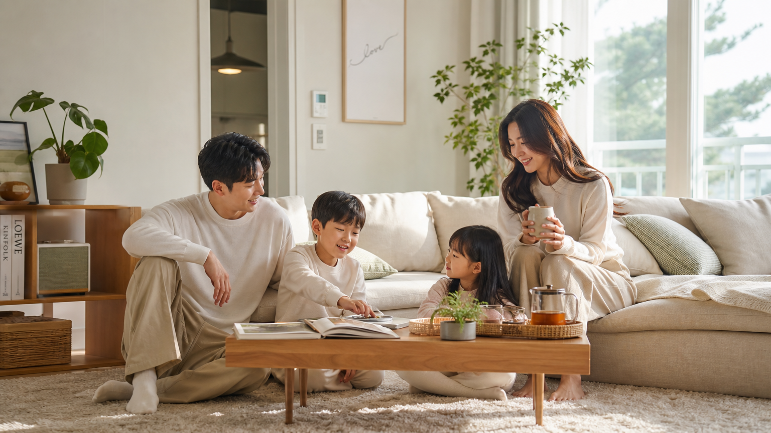 현대적인 거실에서 가족이 편안하게 주말을 보내는 모습