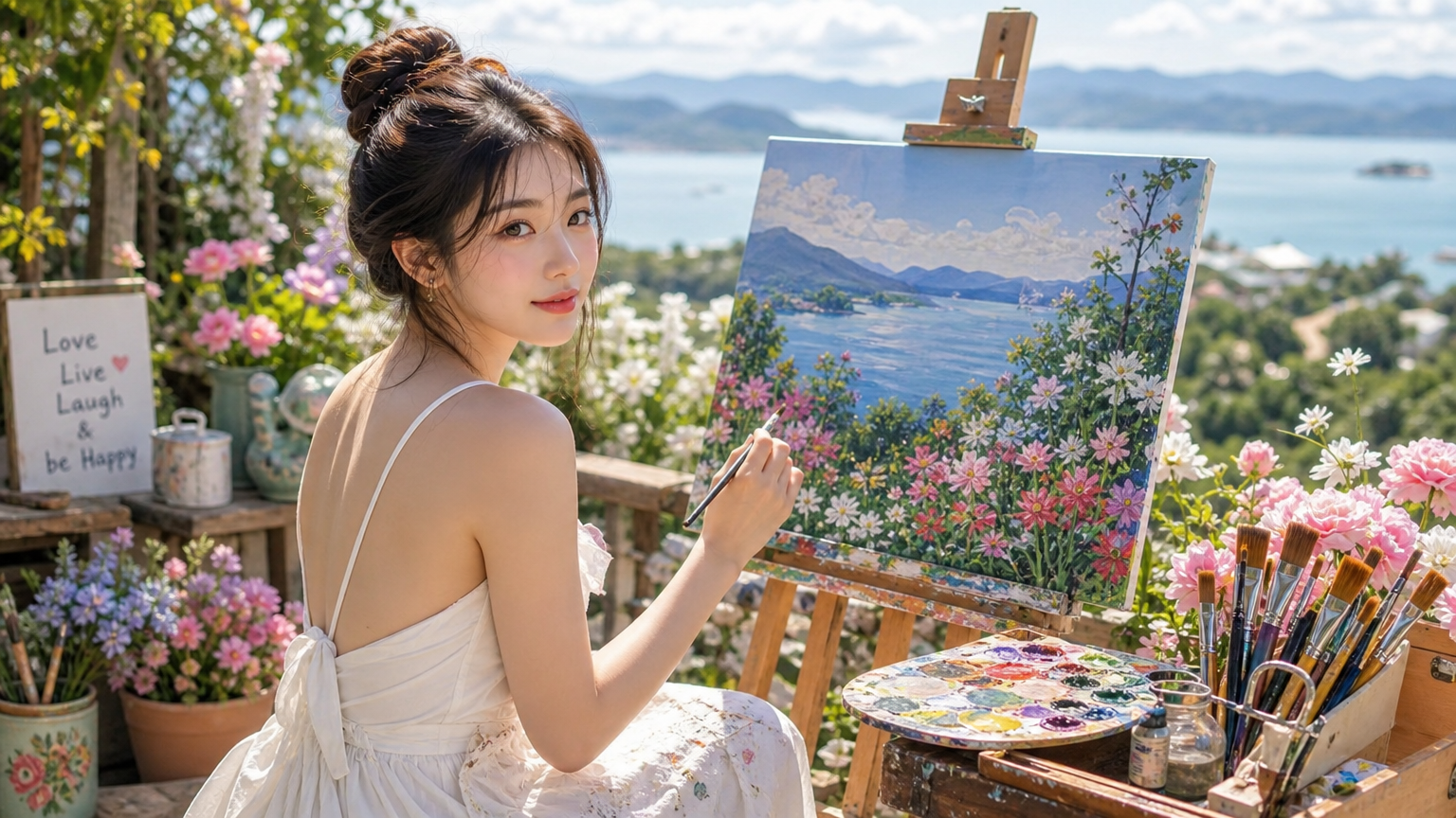 정원에서 그림을 그리는 소녀