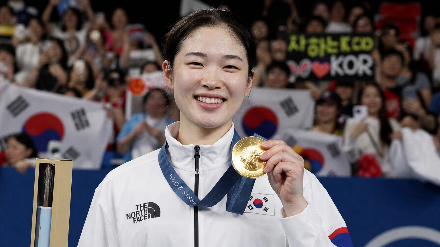 금메달을 목에 걸고 환하게 웃는 김하윤 선수