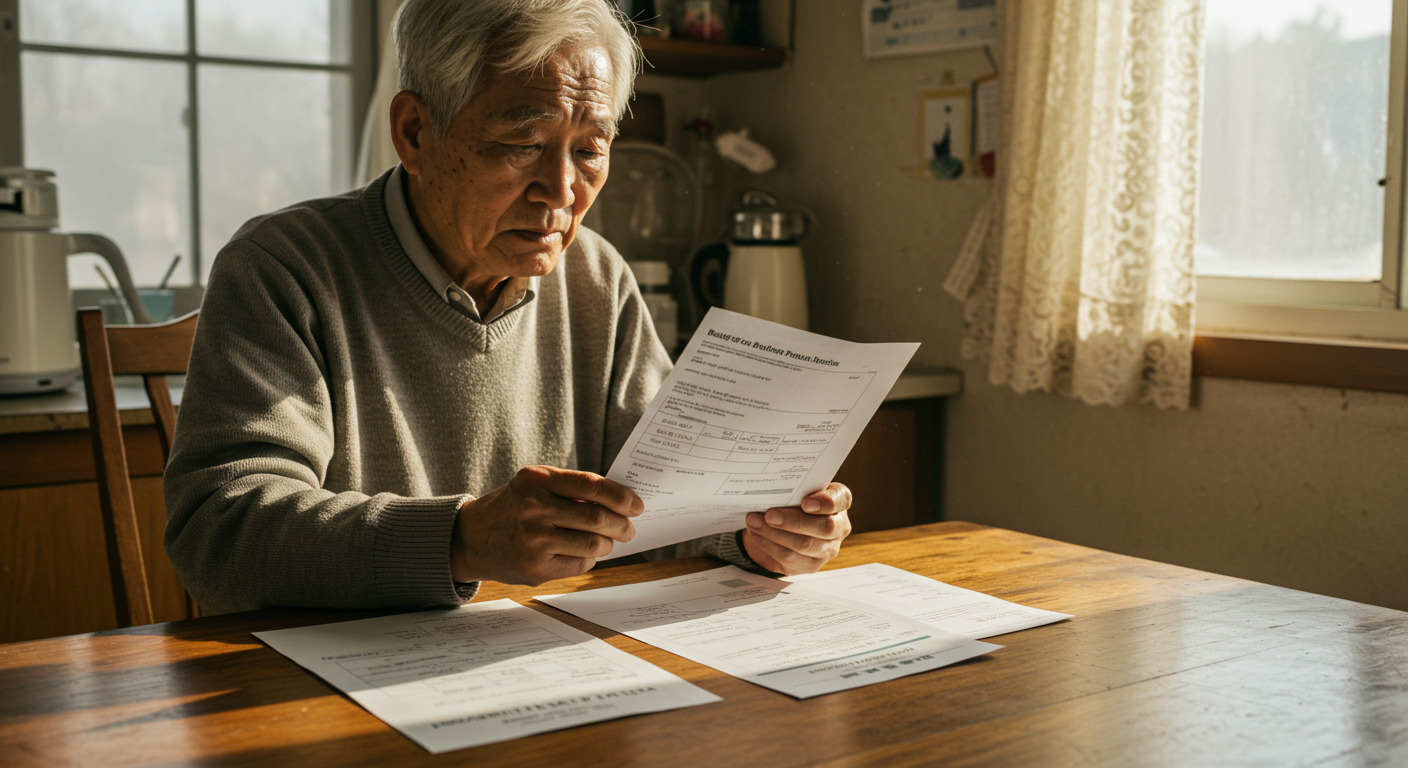 나이 든 남성이 주방 테이블에 앉아 금융 서류를 보며 기초연금 재신청을 고민하는 모습