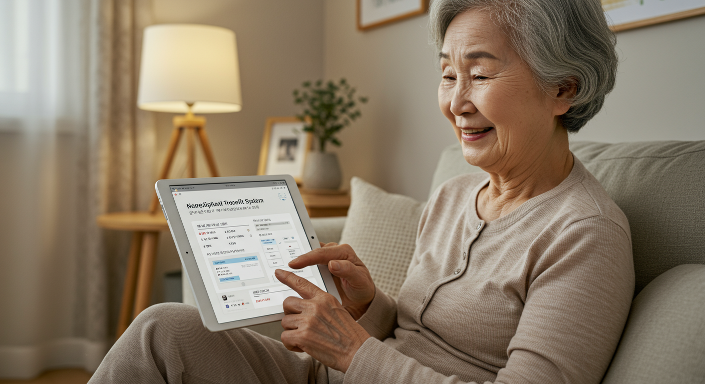 노인이 태블릿을 사용하여 새로운 연금 수급 추적 시스템을 탐색하는 모습