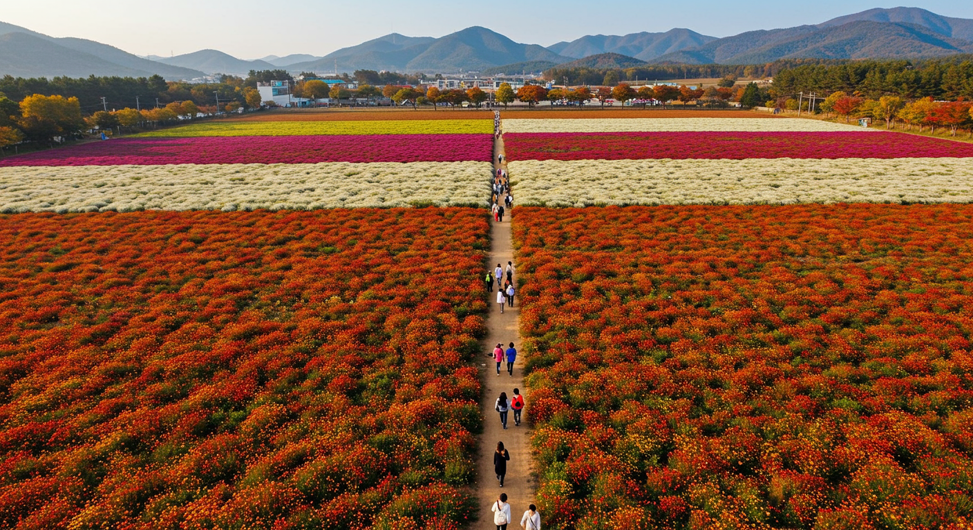 철원 고석정 꽃축제의 전경, 만개한 가을꽃과 산책하는 사람들
