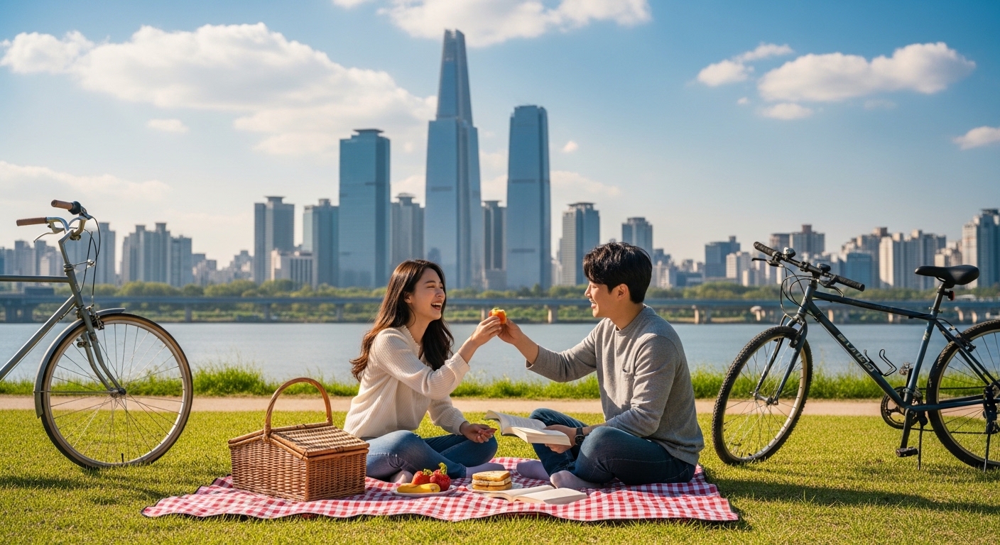 한강공원에서 자전거 옆에 앉아 피크닉을 즐기는 젊은 커플