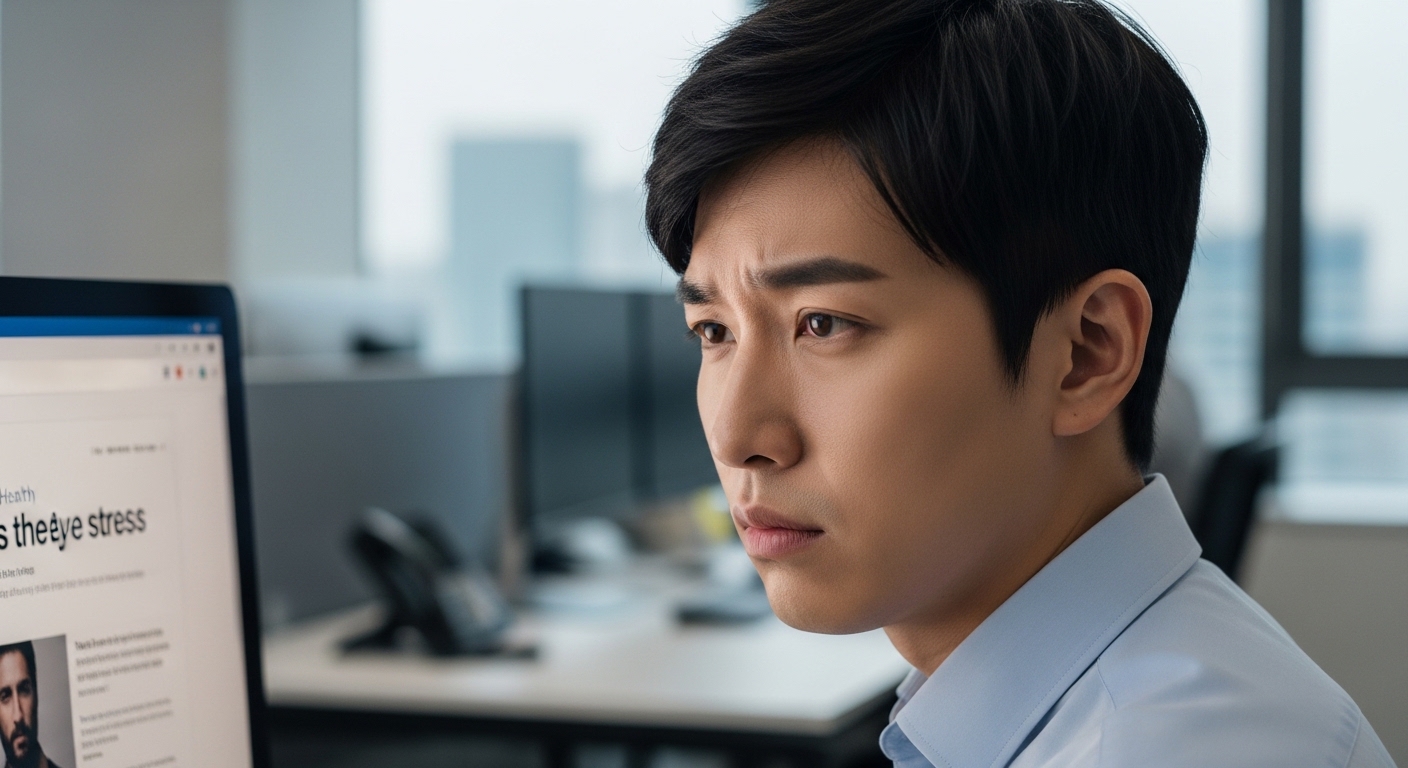 서울의 현대적 사무실에서 건강 기사 읽으며 눈꺼풀 떨림을 경험하는 직장인의 모습