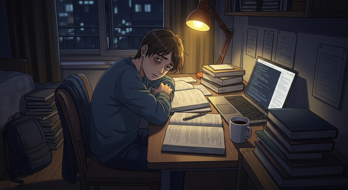밤늦게 아파트 방에서 공부하며 피곤함과 스트레스를 느끼는 학생의 모습