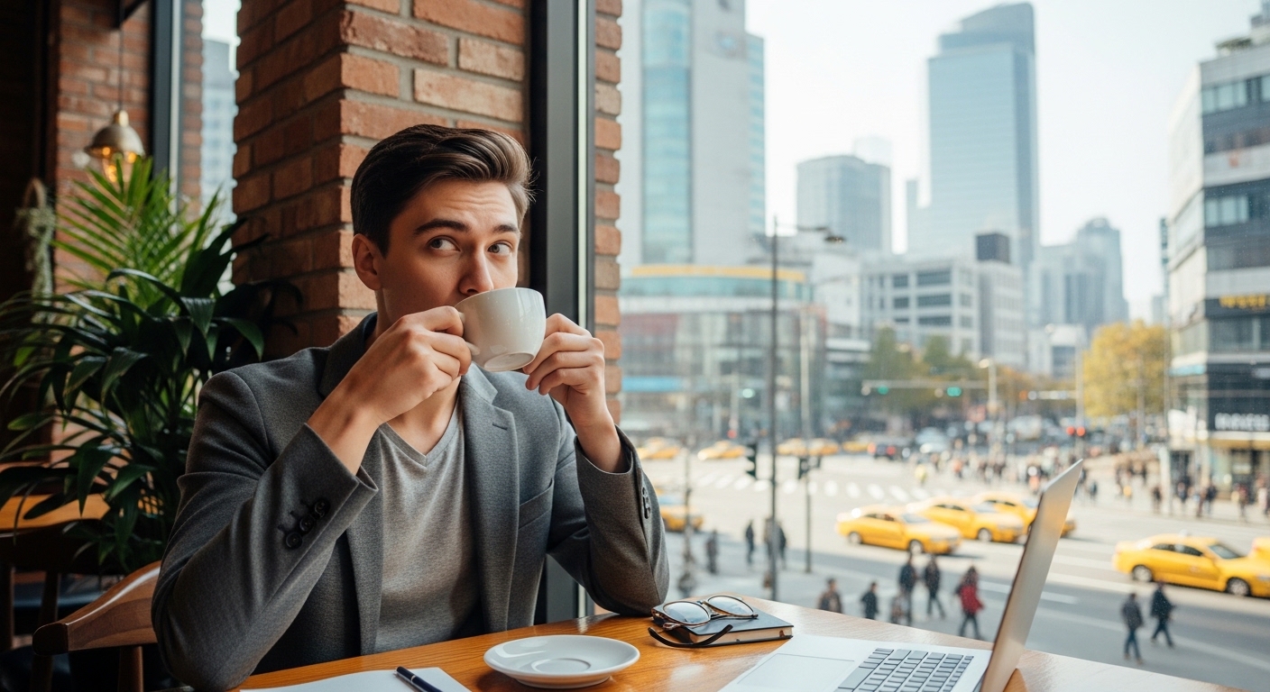 카페에서 커피를 마시며 약간의 눈떨림을 느끼는 젊은 직장인의 모습
