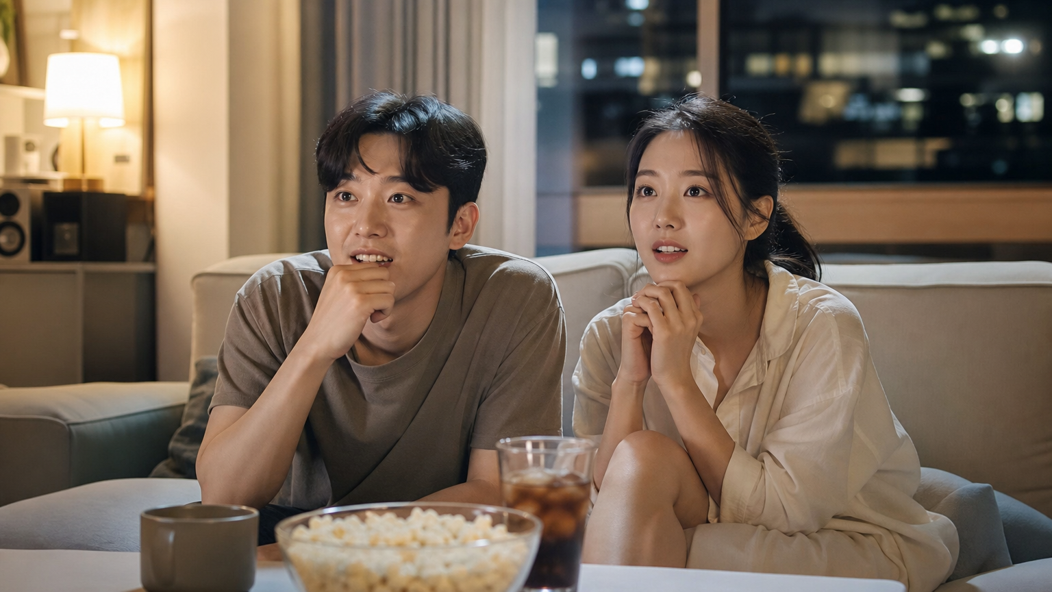 현대적인 거실에서 TV를 시청하며 궁금한 표정을 짓는 한국인 남녀의 모습
