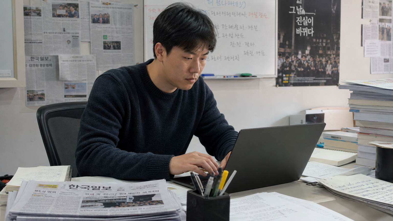 노트와 신문이 가득한 책상에서 진지하게 노트북을 사용하는 한국 기자