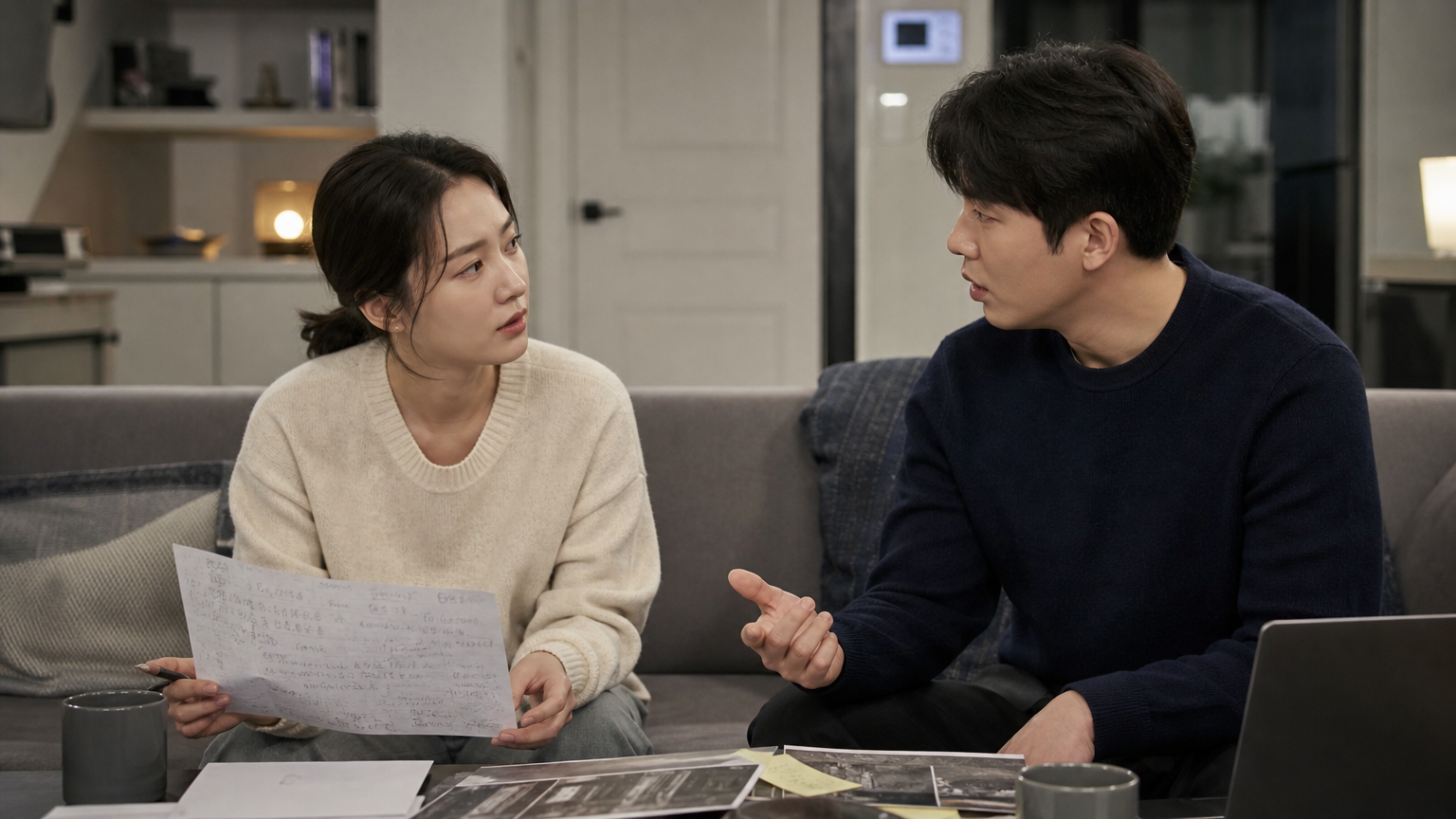 현대 아파트 거실에서 흥미로운 미스터리에 대해 대화하는 한국 부부