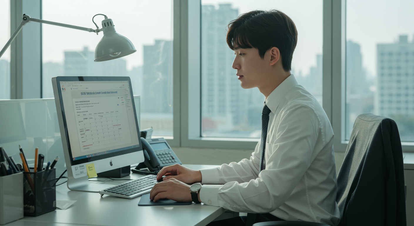 현대적인 사무실에서 컴퓨터 화면을 통해 결핵확인서 갱신 일정을 확인하는 직장인의 모습