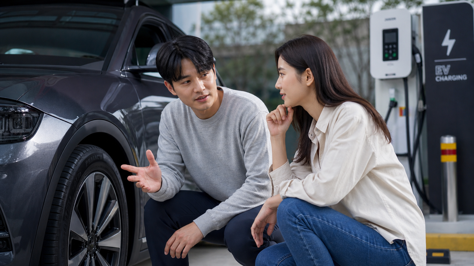 전기차 충전소에서 타이어 관리에 대해 이야기하는 한국인 커플의 모습