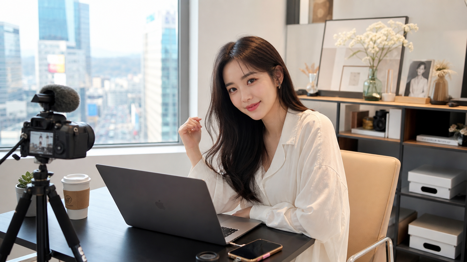 세련된 책상에 앉아 노트북과 카메라를 사용하는 인플루언서의 모습