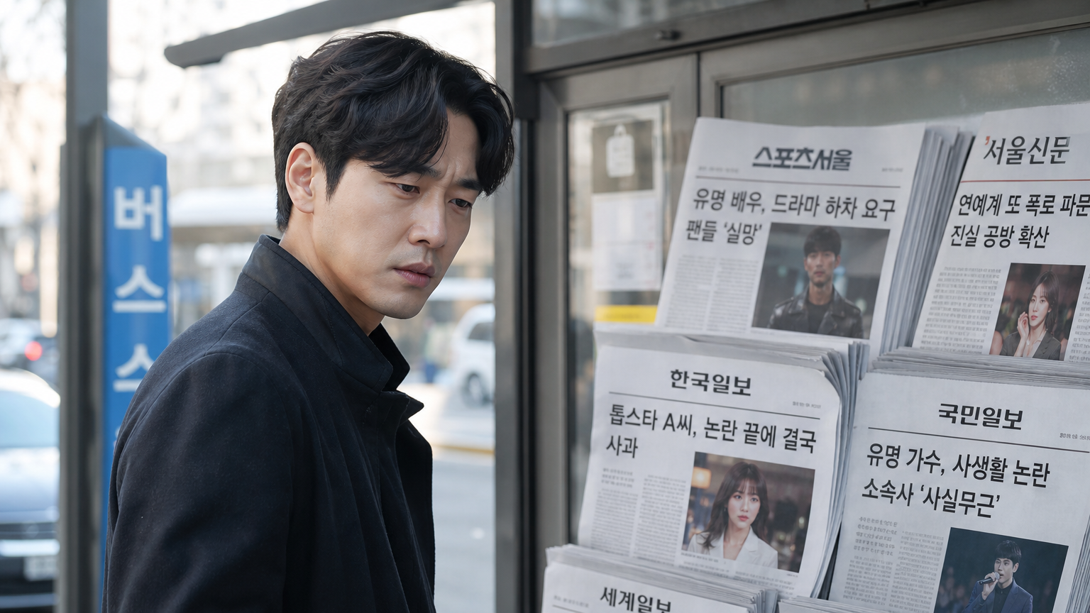 유명 연예인 논란 관련 신문 헤드라인 앞에 서 있는 현대 한국 남성