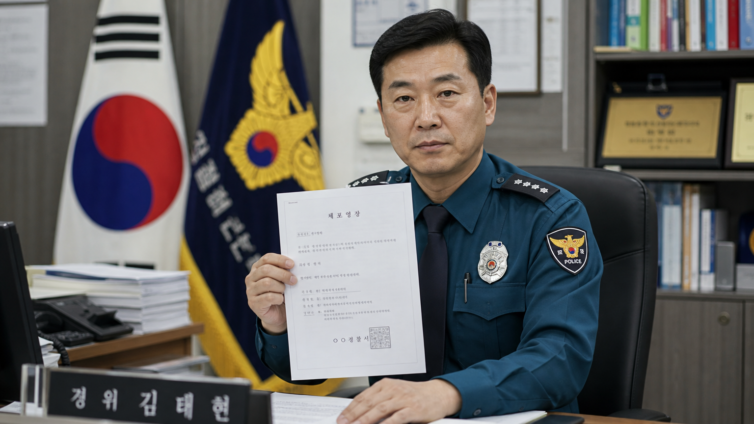 법적 문서를 들고 있는 한국 경찰관의 모습