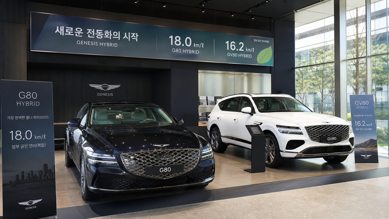 연비 효율성을 강조하는 홍보 배너와 함께 전시된 새로운 하이브리드 모델들의 자동차 쇼룸