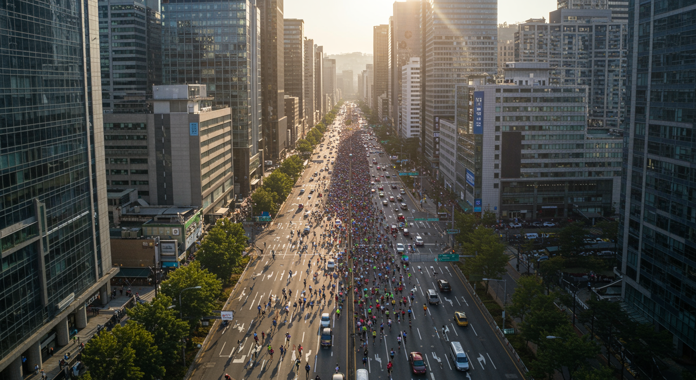 서울 도심에서 진행되는 현대적 마라톤 대회 모습으로, 참가자들이 넓은 거리와 고층 빌딩들 사이를 달리는 장면.