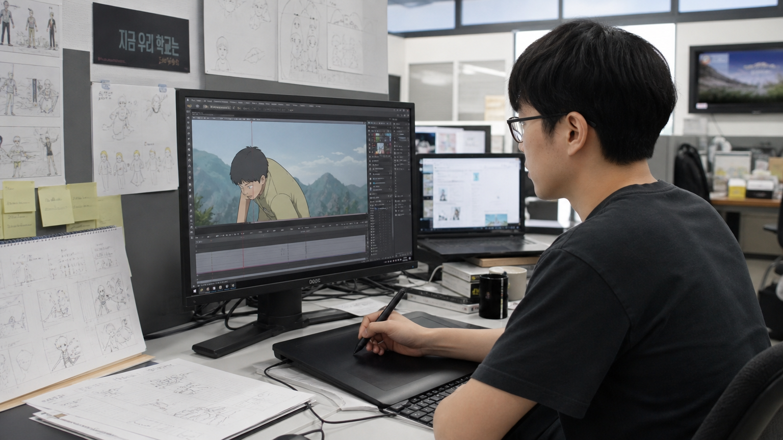 컴퓨터로 애니메이션 기술을 개발하면서 옛날 스케치와 스토리보드를 참조하는 한국 애니메이터