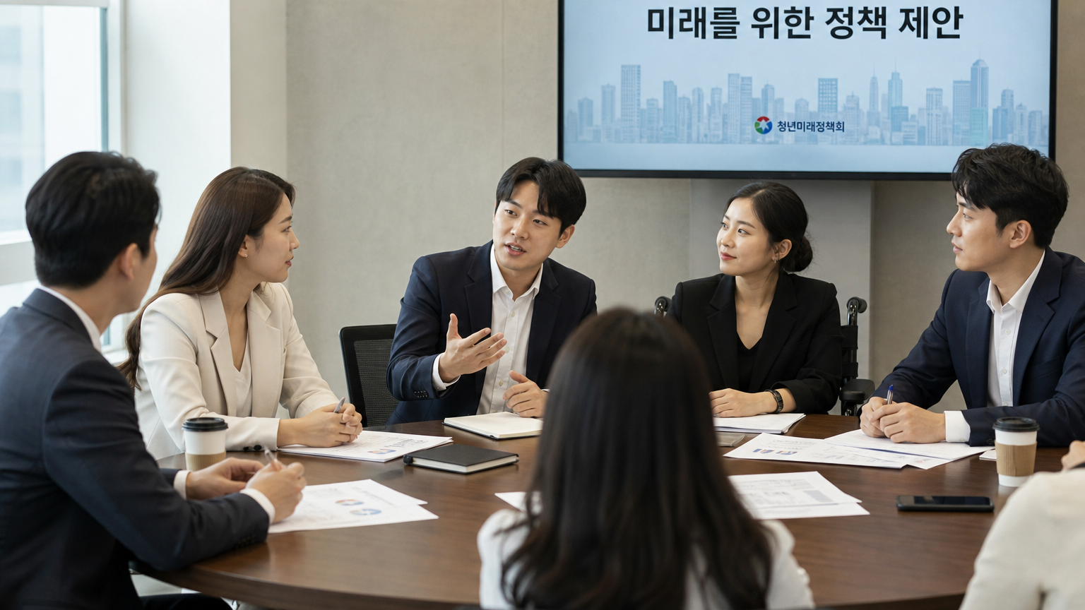 현대적인 회의실에서 다양한 배경의 젊은 정치인들이 정책을 논의하는 모습